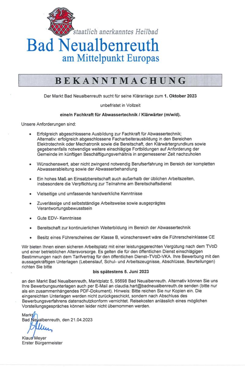 Bekanntmachung Stellenausschreibung